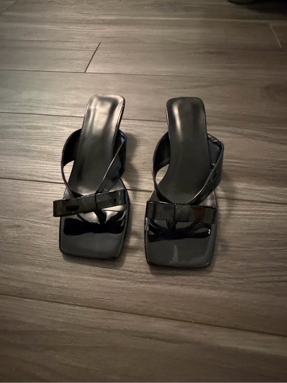 SHEIN Black Patent Square-Toe Slide Heels with Bow